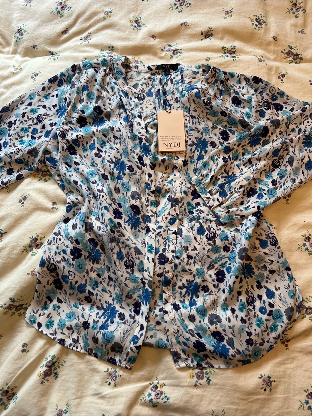 NYDJ Blue and Navy Floral Button-Front Blouse
